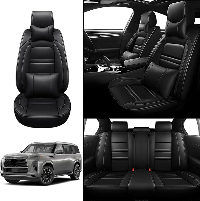 Car Seat Covers for Infiniti qx80 2014-2025 | 5-Seats Seat Covers, Waterproof Seat Protectors, Automotive Seat Covers (Full Set with Pillow,Black)