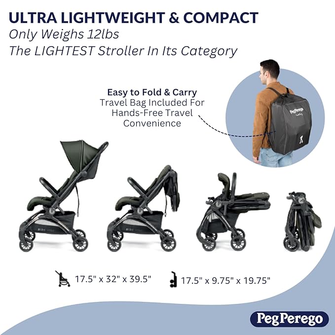 Peg Perego Volo, Ultra Lightweight Carry On Compliant Travel Stroller, Adjustable Features & Reclining Seat - Designed for Everyday Comfort from Newborn to 50lbs, Metal (Sage Green)