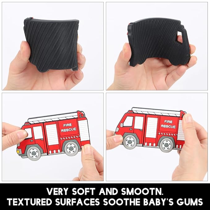 Baby Food Grade Silicone Vechicle Car Teether Toy with Pacifier Clip Holder,Teething Pain Relief Toys Gift Set for 3 Months+ Boys and Girls,Freezer Safe,BPA Free (Fire Truck).
