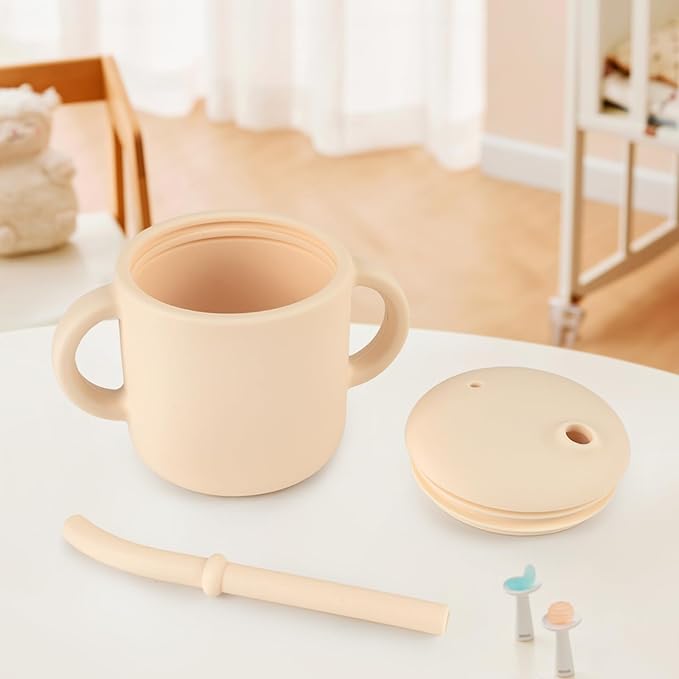 Silicone Baby Cup with Straw, Straw Cup for 6 months+ old, Leak Proof Silicone Baby Training Cup 6 fl oz (Natural)
