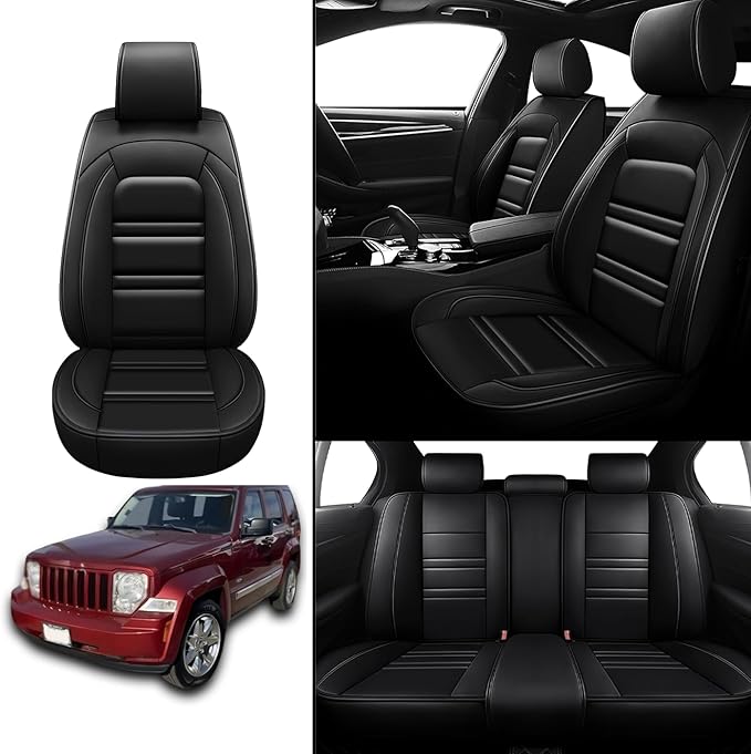 Seat Covers for JP Liberty 2002-2012 | 5-Seats Leather Seat Covers, Easy to Install Automotive Seat Covers Full Set (Full Set, Black)