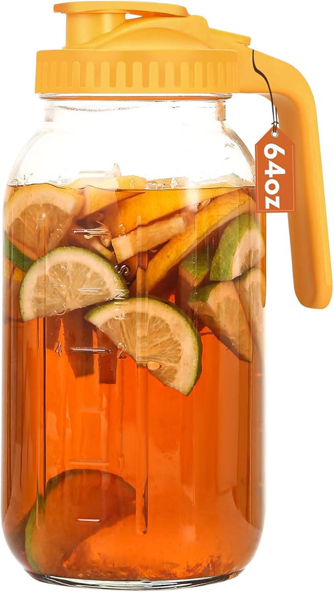 Glass Pitcher with Lid, 64 OZ Mason Jar Pitcher Double Leak Proof, 2 Quart Breast Milk Storage Containers for Fridge, Wide Mouth Glass Jar for Sun Tea, Juice, Cold Brew Coffee