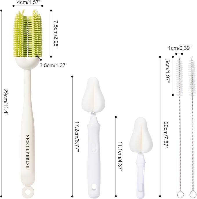 5-in-1 Baby Bottle Brush Kit, Silicone Bottle Brush for Baby Bottle and Breast Pumps, Sponge Nipple Brush with Replaceable Brush Head, Straw Brushes, Grey
