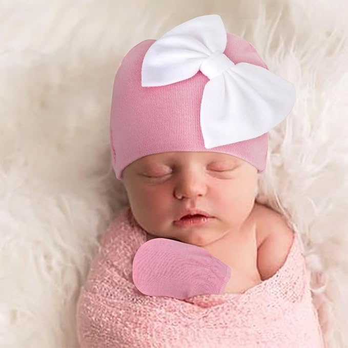 BQUBO Newborn Baby Girls Hats Mittens Set Hospital Hat Beanie Infant Bow Hats Baby Cotton Gloves for 0-6 Months
