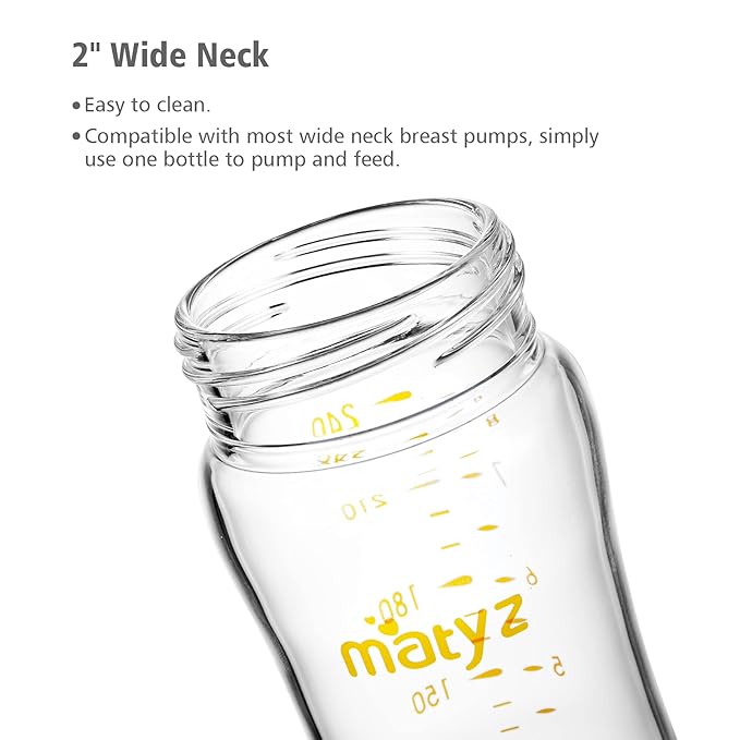 Matyz Glass Breastmilk Baby Feeding Bottle with Nipple, 4 Pack, 8 oz Slim and Light Bottle Easy to Hold, Food Grade Borosilicate Glass, Wide Neck Easy to Clean, No BPA (Green Lids)