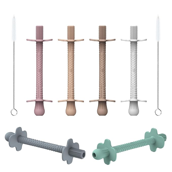 Baby Teething Tubes, Silicone Straw Teethers for Babies 3+ Months, Non-Choking Hollow Infant Teether Sticks Toddlers Teething Relief Toys, Baby Chew Gifts 6 Pack (Sand Clay DustyRose Brown Green Blue)