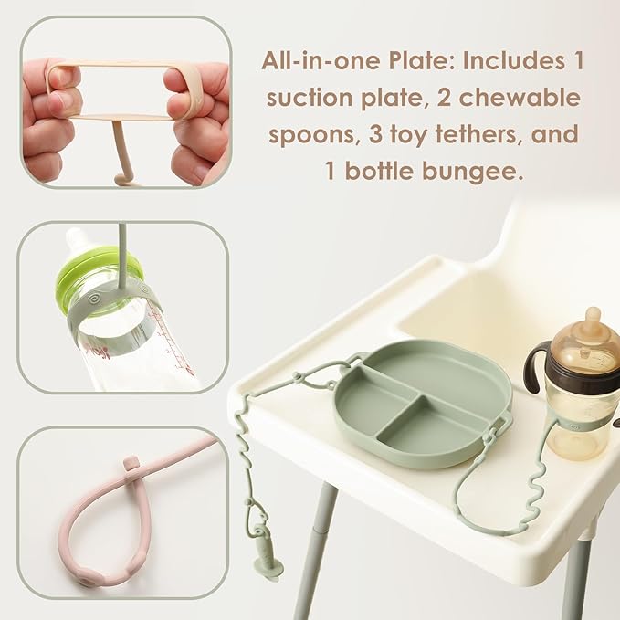 Andy Bear Silicone Plates for Babies with Suction Divided Baby Spoons Silicone Baby Toy Straps All-in-one Plates Silicone Placemat for Babies Toddlers Attachable Tethers & Built-in Suction Cups-Ivory