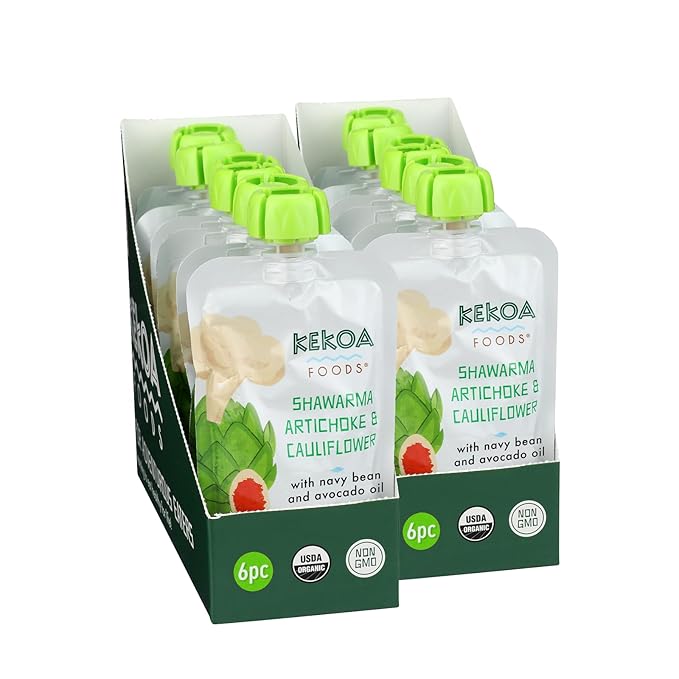 Kekoa Foods Shawarma, Artichoke & Cauliflower Baby Food Purée | 100% USDA Certified-Organic Vegetarian Squeeze Pouch | Organic, Non-GMO, Gluten-Free, Vegan | Nutritious First Food for Babies | 3.5 oz