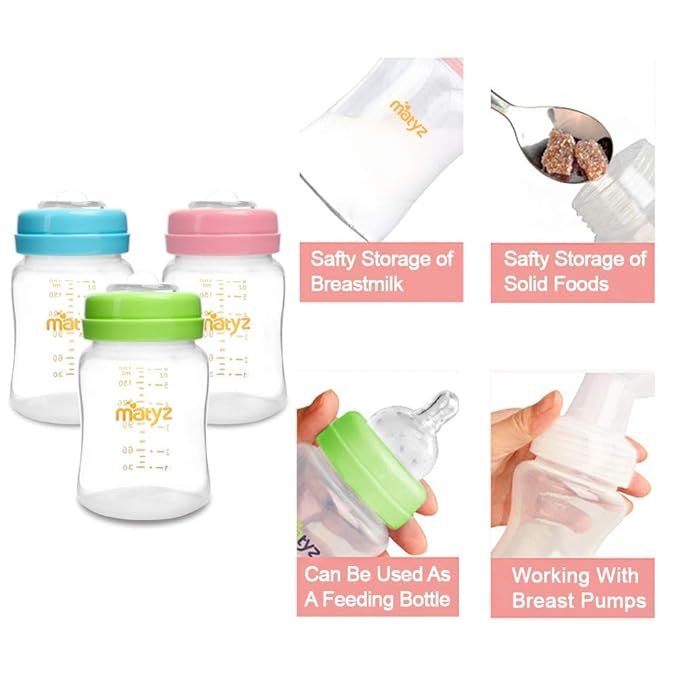 Matyz 4-PACK Breastmilk Storage Bottles With Lids (Green, 6oz Each) - Wide Mouth Breastmilk Collection Storage Bottle - Leakproof Breast Pump Bottle for Spectra Medela Philips Breast Pumps