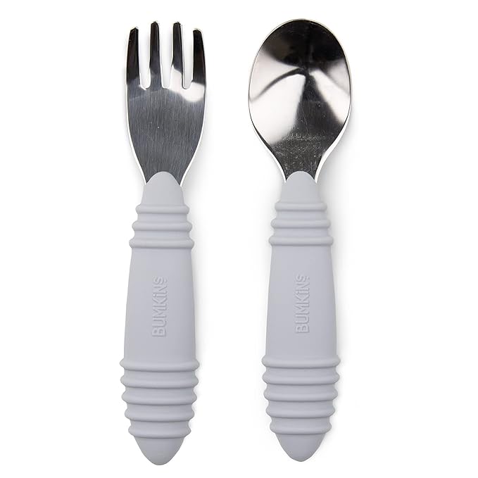 Bumkins Toddler Utensils, Kids Size Fork and Spoon Set, Silicone and Stainless-Steel Training Silverware, Angled Forks / Sporks for Self-Feeding, Children Hold Learning to Eat, 18 Months Up, Gray