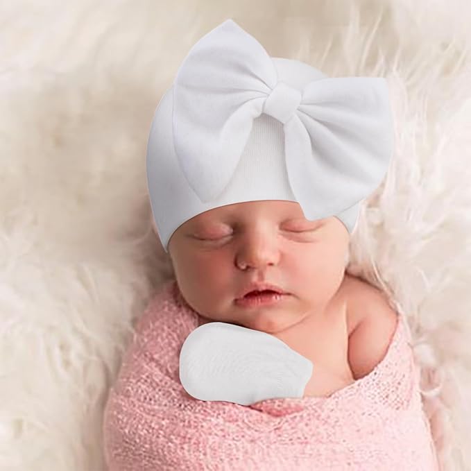 BQUBO Newborn Baby Girls Hats Mittens Set Hospital Hat Beanie Infant Bow Hats Baby Cotton Gloves for 0-6 Months