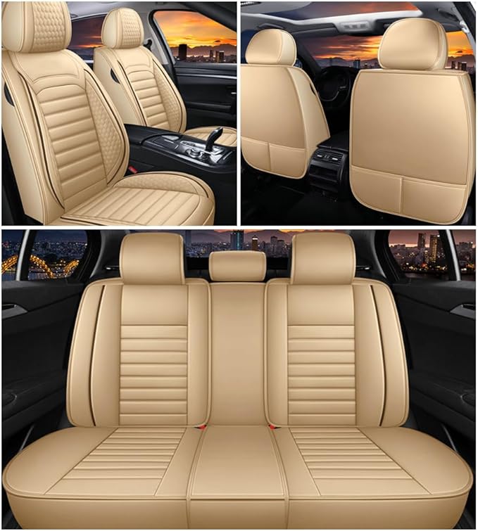 Leather Car Seat Covers for Toyota Corolla 2006-2024,Car Seat Covers Full Set,Seat Covers with Safety,Waterproof Seat Cover Compatible Airbag(5pcs Beige Standard)