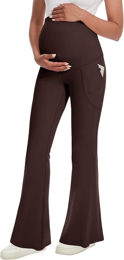 Fotociti Maternity Flare Leggings with Pockets, Women’s Soft Pregnancy Pants Over The Belly For Yoga Workout Active