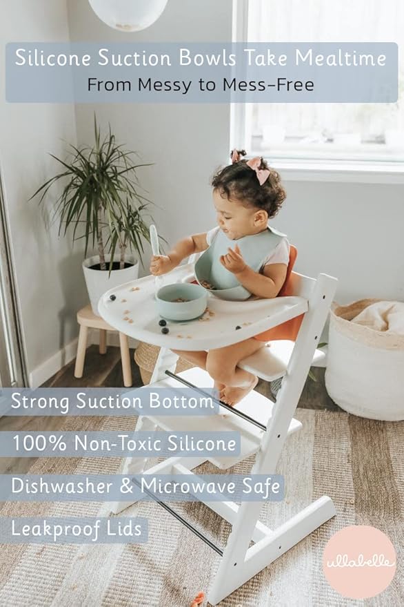 Ullabelle Toddler Plates & Bowls Complete Set w/Spoon - BPA Free 100% Food Grade Silicone - Microwave & Dishwasher Safe Baby Suction Plate, Bowl w/Lid, & Spoon - (Sage)