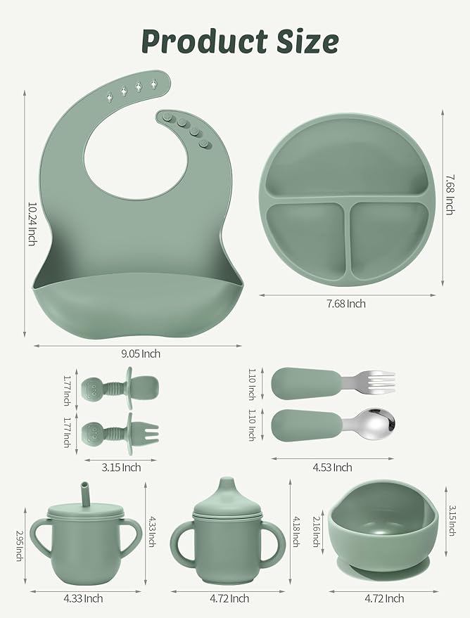 Silicone Baby Feeding Set, 18PCS Baby Led Weaning Supplies, Eating Essentials Utensils with Suction Plate and Bowl, Adjustable Silicone Bib, for 6+ Months (Blue+Beige)