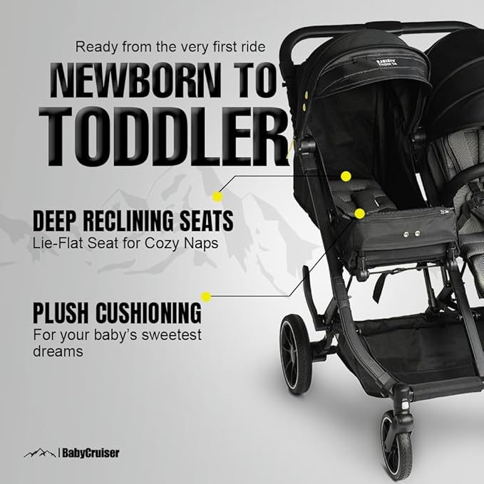 BabyCruiser Double Stroller Newborn and Toddler – Compact Side by Side Twin Stroller, Lightweight, Easy Maneuverability, Fits Standard Doors, Adjustable Settings from Birth up to 48.5 lbs per seat