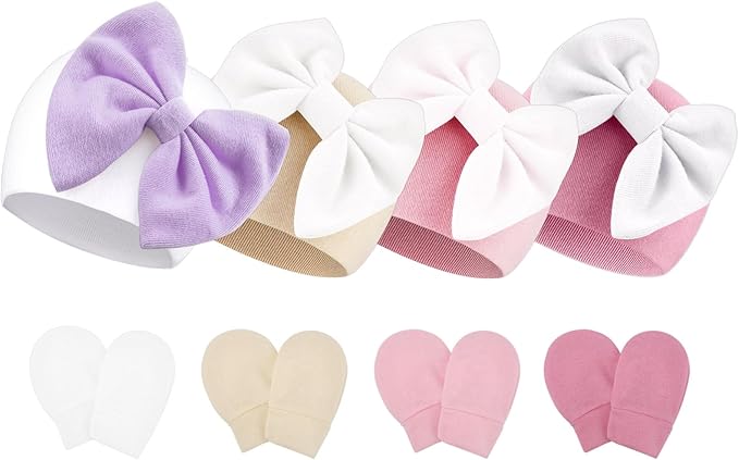 BQUBO Newborn Baby Hats Mittens Set Hospital Hat Beanie Infant Bow Hats Baby Gloves No Scratch Mittens for 0-6 Months