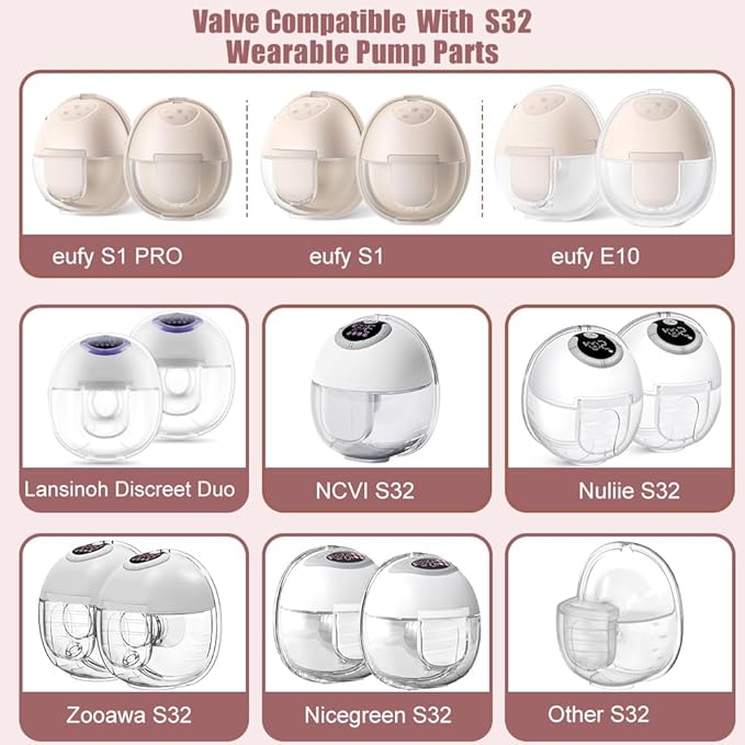 4pcs Duckbill Valves and 2pcs Silicone Diaphragms Compatible with eufy E10/S1/S1 Pro, Lansinoh Discreet Duo/NCVI S32/Nuliie S32/NICEGREEN Life S32/Zooawa S32 Breast Pump Replacement Parts,6 Packs