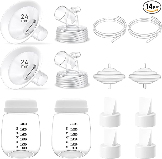 Full Breast Pump Parts with 24mm Oval Soft Rim Flanges and Wide-Mouth Base Connector for Spectra S2 S1 9 Plus SG, Medela, Lansinoh Pumps, Include Flange, Valve, Backflow Protector, Tubing and Bottle