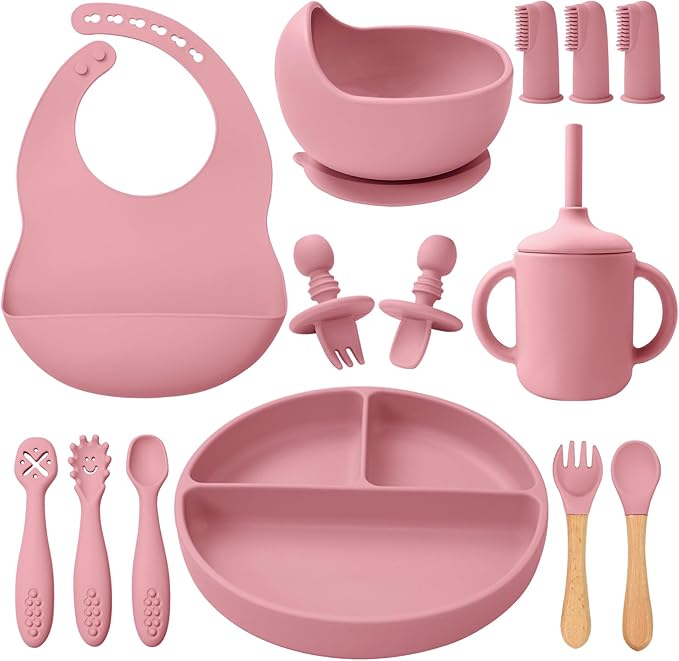 LITTLE RAWR Silicone Baby Feeding Set 14 Pcs,Baby Led Weaning Supplies, Baby Spoons Suction Bowl Divided Plate Bib Cup Finger Brush,First Stage Solid Food Eating Utensils - 6+ Months(Deep Red)