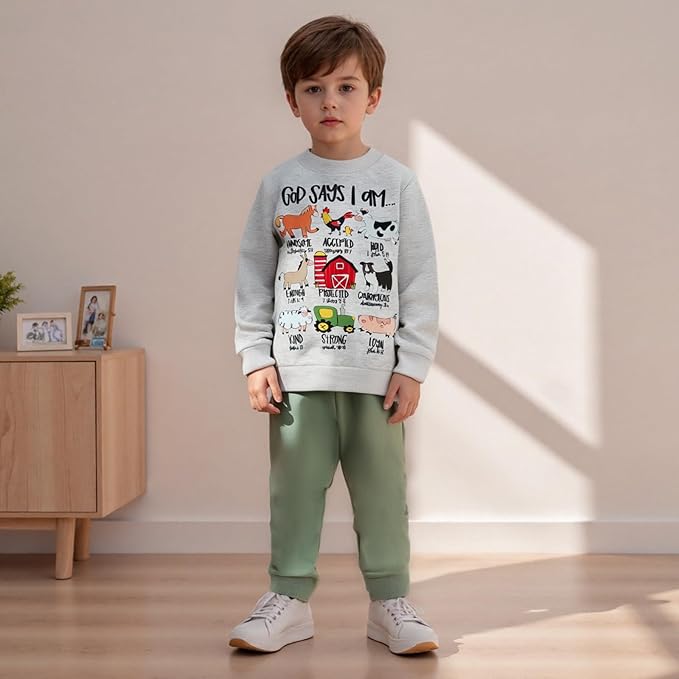 Nyapruwe Toddler Baby Boy Fall Outfit Funny Print Long Sleeve Sweatshirt Joggers Pants Set Kids Warm Winter Clothes