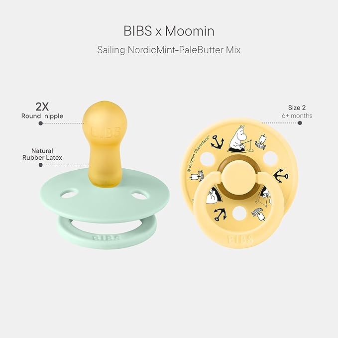 BIBS Colour Moomins Pacifier 2-Pack, BPA Free Pacifier, Round Nipple. Natural Rubber Latex, Made in Denmark, Size 2 (6-18 Months), Nordic Mint/Pale Butter