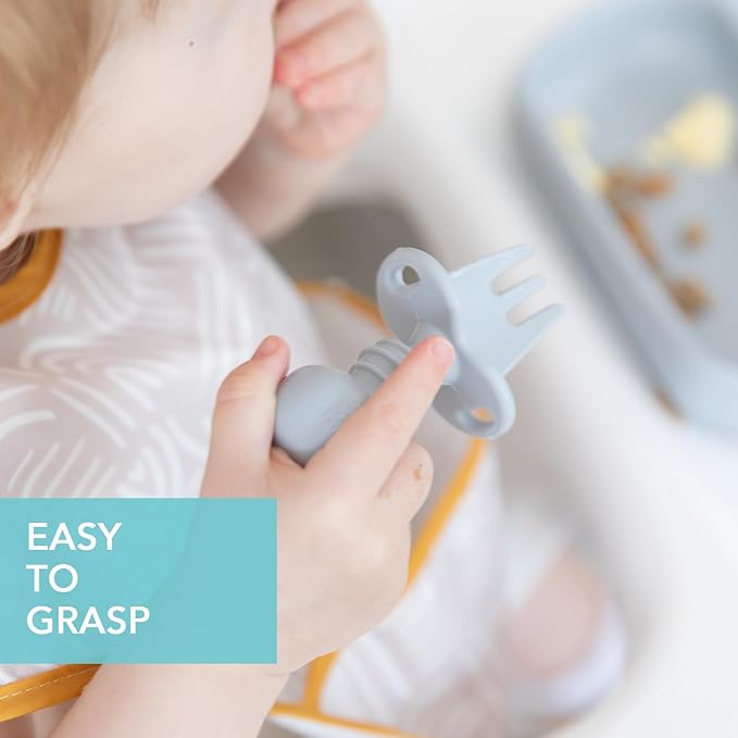 Bumkins Baby Utensils Set, Chewtensils Silicone Spoons for Dipping, Self-Feeding, Baby Led Weaning, Trainer Learning, First Stage Eating, Soft Practice Fork and Spoon, Babies 6 Months, Gray