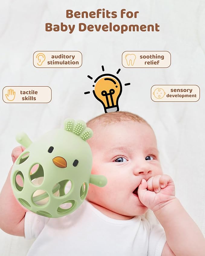 ChooKaChoo 2-in-1 Baby Teething Rattle Toy, Sensory Grasping Teether for Infants 3-12 Months, 100% Food-Grade Silicone, Easy to Hold, Soothing & Developmental, BPA Free