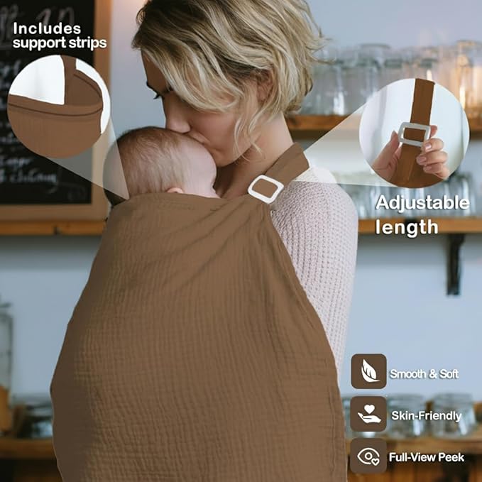 Muslin Nursing Covers for Breastfeeding, Arch Neckline Breast Feeding Covers for Women, Moms Privacy Breathable Summer Nursing Apron, 43.3" x 25.6" Soft Feeding Cover (Dark Brown)