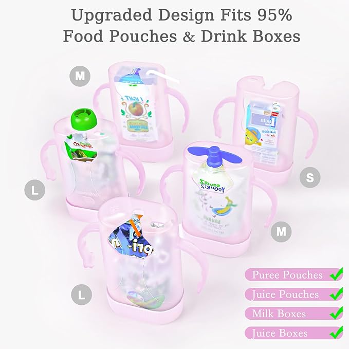 MOMUSE Dual-Lid Squeeze Pouch Holder for Food Pouches & Drink Boxes, Baby Pouch Holder with Larger Capacity, Versatile Design for Self-Feeding, Anti-Squeeze Pouch Holder No Spill No Mess, Pink & Blue