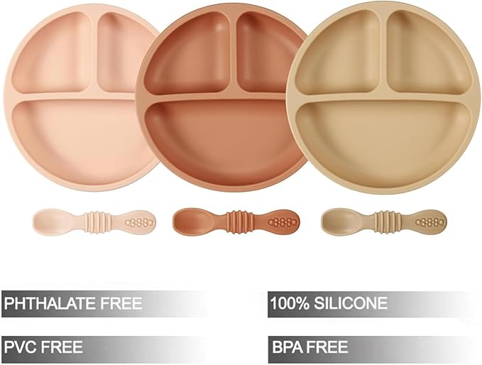 PandaEar 3 Pack Toddler Plates with 3 Spoons, 100% Silicone Divided Suction Plate for Babies, BPA-Free, Dishwasher and Microwave Safe -Pink/Brown/Brick red