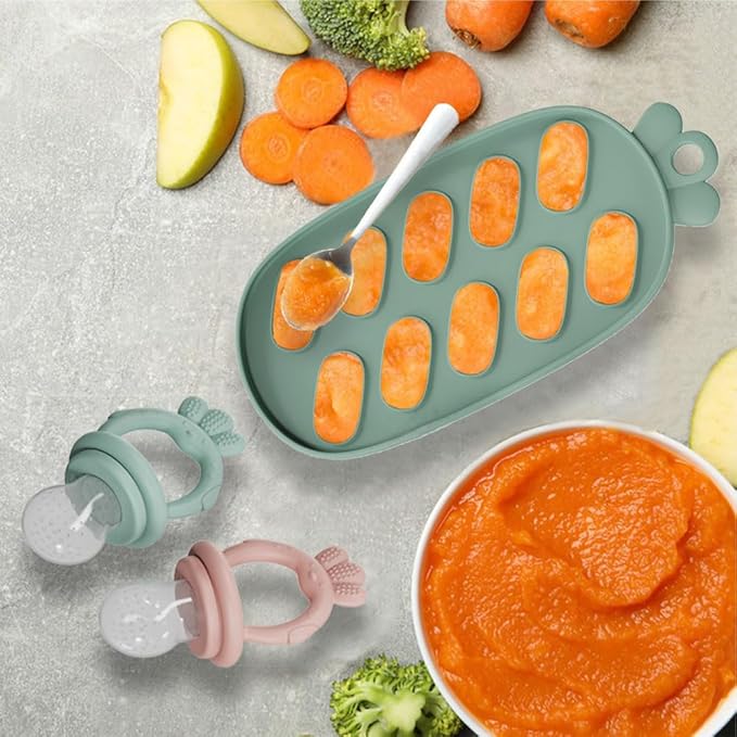 Baby Food Fruit Feeder, Breastmilk Baby Popsicle Molds, Silicone Teether Freezer Tray Food Feeder Pacifier for Teething Relief (Green)