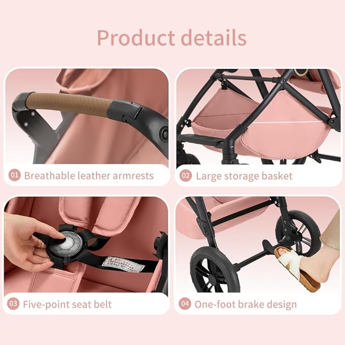 2 in 1 Baby Stroller, High Landscape Infant Stroller Pram Foldable Pushchair with Adjustable Canopy, Storage Basket, Suspension Wheels,5-Point Harness,Mom Bags (Black)