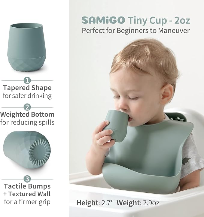SAMiGO Silicone Baby Utensils - Self Feeding Spoons and Tiny Training Cup - First Stage Baby Led Weaning Supplies for 6 Months+ Infants - Set of 3