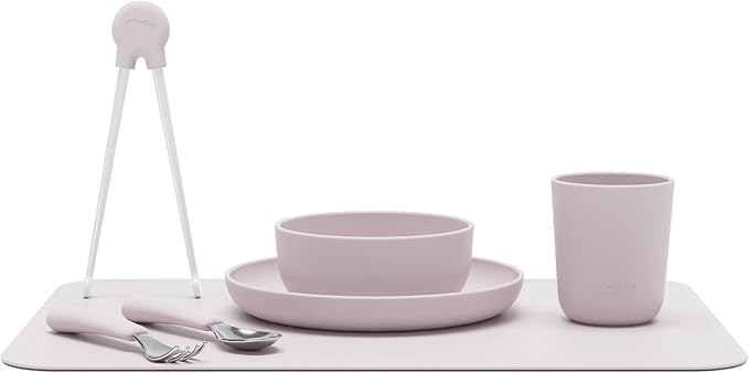Lalo Big Bites Kids Dinnerware Full Set - Dishwasher Safe, BPA Free, Kids Tableware Set - Includes Stackable Bowl, Plate, Utensils & Cup - 7 Pieces - Lavender