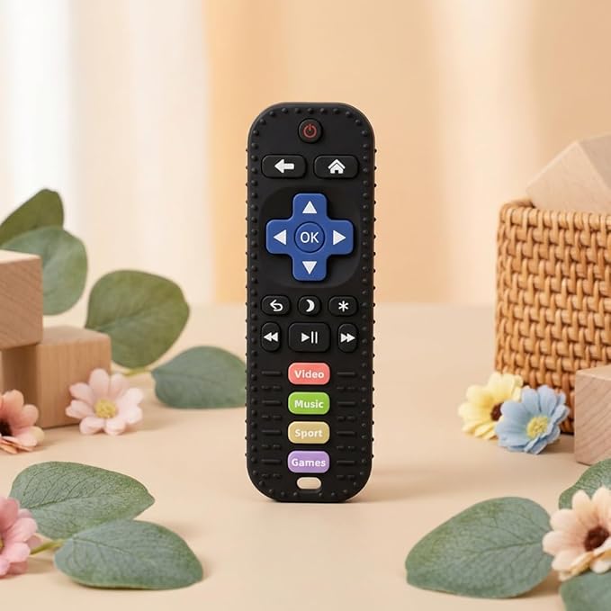 Baby Teething Toys, Remote Control Sensory Teether, Silicone Chew Toy for Teething Relief, BPA-Free Baby Remote Gift for Infants 3-6, 6-12 Months (Black)