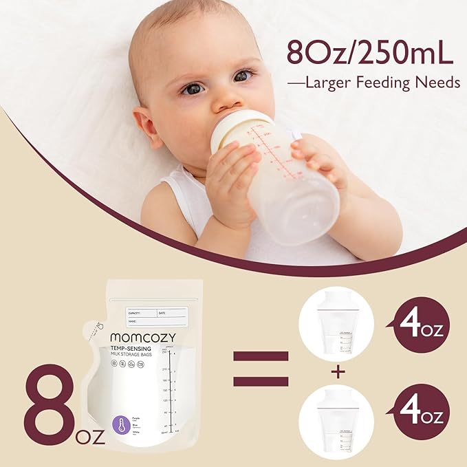 Momcozy Easy Pour Breastmilk Storage Bag, 8Oz, Temp-Sensing Color Change, 60 Count Milk Bag with Self Standing for Breastfeeding, No Leak Presterilized for Freezer, Recyclable & BPA Free