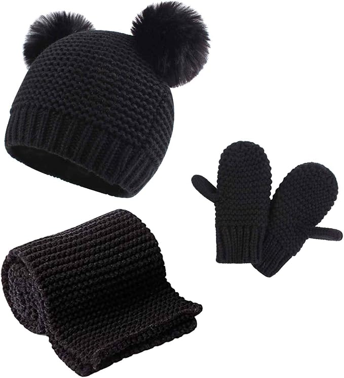 Duoyeree Baby Winter Hat Scarf Glove Beanie Set Girls Boys Pom Pom Knitted Beanie Mitten Scarves for Toddler 0-3T