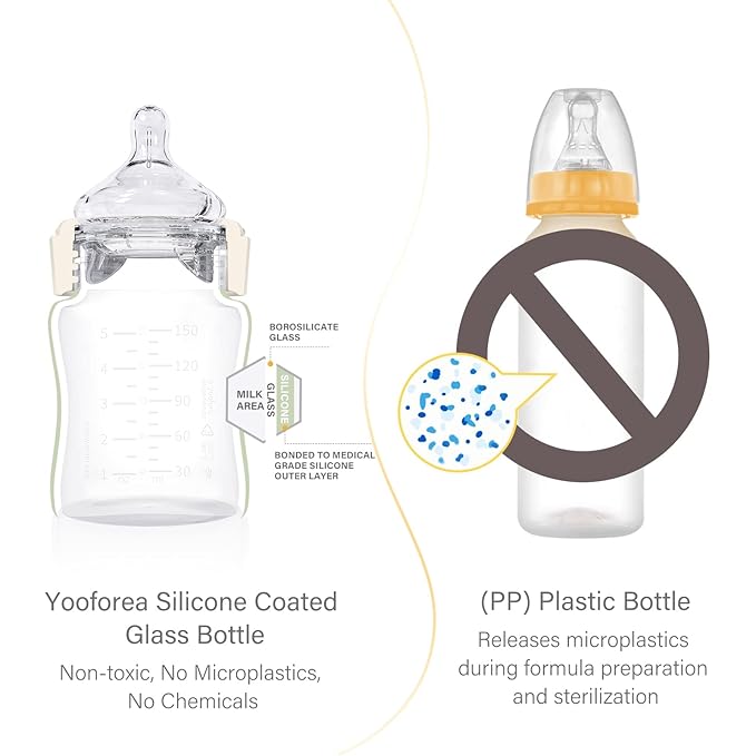 Yooforea Silicone Coated Glass Baby Bottle, 6M+ Fast Flow Nipple I Anti-Colic, Wide Neck, Stable Base I Medical-Grade Silicone Coating for Shatter Protection, BPA BPS PVC Free (9 Ounce-Cream)