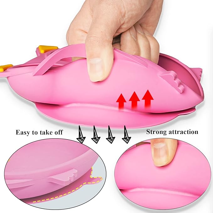 Baby Toddler Silicone Suction Plate with Spoon&Fork And Adjustable Bib Set,Silicone Baby Feeding Utensils Set，Baby Toddler Led Weaning Supplies Set-Pink Owl Set