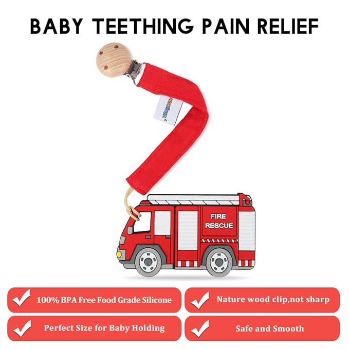 Baby Food Grade Silicone Vechicle Car Teether Toy with Pacifier Clip Holder,Teething Pain Relief Toys Gift Set for 3 Months+ Boys and Girls,Freezer Safe,BPA Free (Fire Truck).