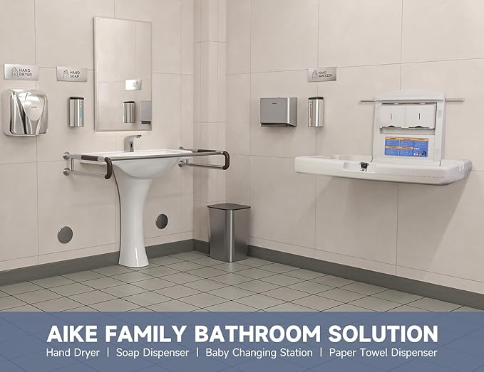 AIKE Commercial Horizontal Baby Changing Station, Wall Mounted Foldable Baby Diaper Changing Table ADA Compliant, Grayish White