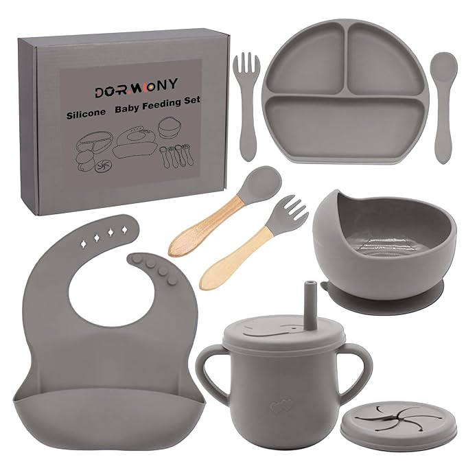 100% Silicone baby feeding set,BPA free Baby dishes set with Suction Bowl Divided Plate,Toddler Self Feeding Dish Set with Spoons Forks Sippy Cup And Bib, Baby Eating Utensils (Light Brown)