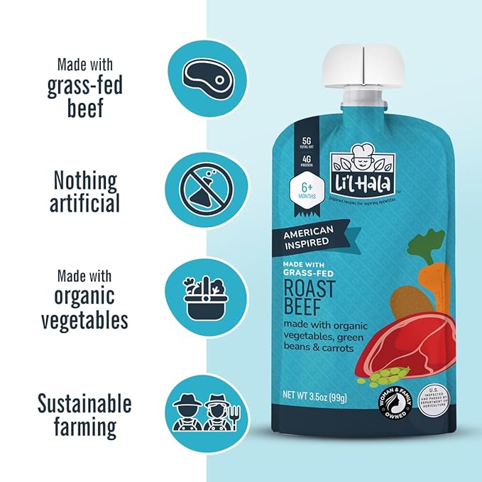 Li’l Hala Baby Food Pouches – Grass-Fed Roast Beef & Organic Veggies – Toddler Pureed Meals with Meat – Protein & Healthy Fats –No Sugar/Hormones – 6+ Months – 3.5 oz (12 Pack)