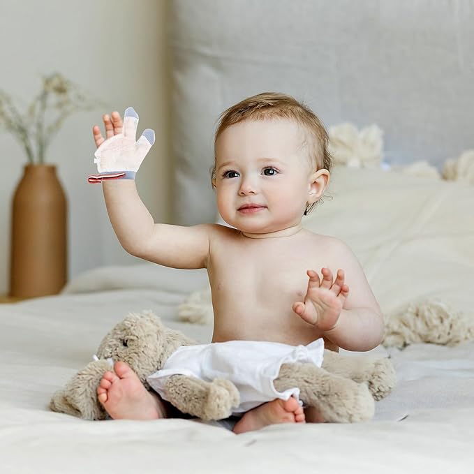 NOLITOY Teething Mittens Breathable Nylon Half-Finger Gloves Prevent Thumb Soft Small Size S with Blue Dots for
