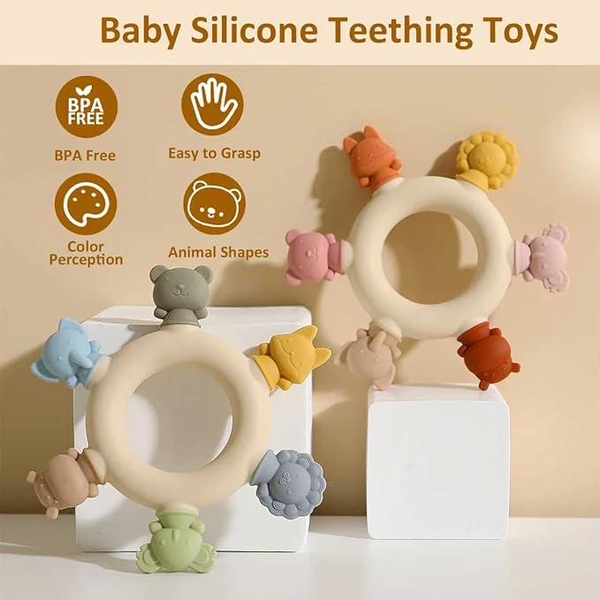 Baby Teething Toys 6-12 Months Teethers for Babies 3-6 Months Soft Cute Animals for Newborn Infants Food-Grade Silicone Baby Essential Chew Toys for Tiny Hands Easy Grip Teething Relief BPA Free