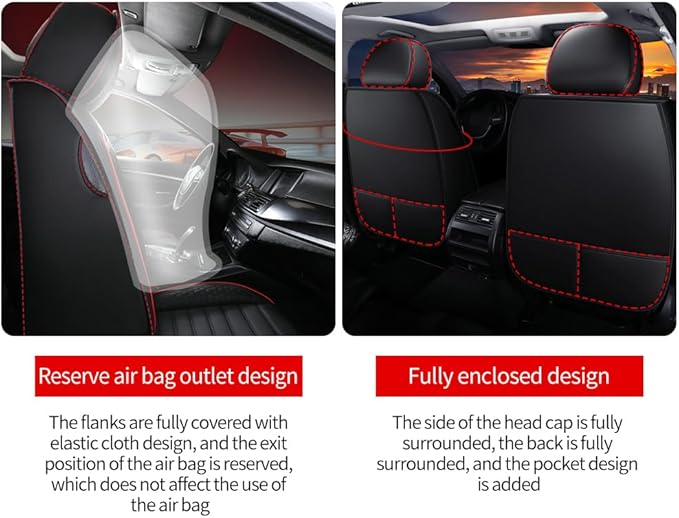 Leather Car Seat Covers for Toyota Corolla 2006-2024,Car Seat Covers Full Set,Seat Covers with Safety,Waterproof Seat Cover Compatible Airbag(5pcs Black&Red Bars Standard)