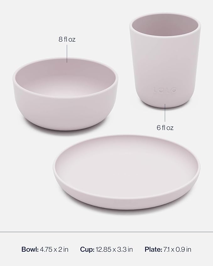 Lalo Big Bites Kids Dinnerware Full Set - Dishwasher Safe, BPA Free, Kids Tableware Set - Includes Stackable Bowl, Plate, Utensils & Cup - 7 Pieces - Lavender