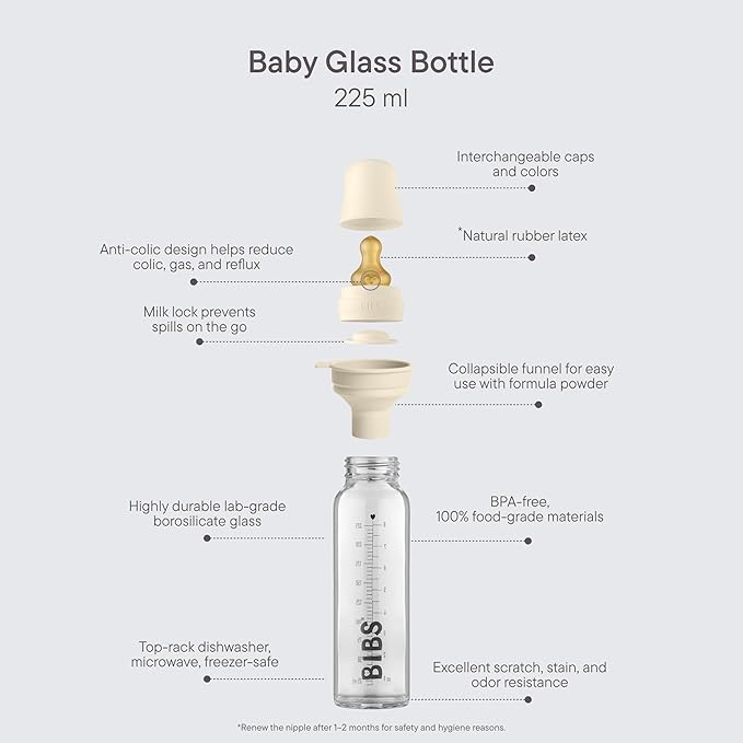BIBS Baby Glass Bottle. Anti-Colic. Round Natural Rubber Latex Nipple. Supports Natural Breastfeeding, Complete Set - 225 ml, Cloud