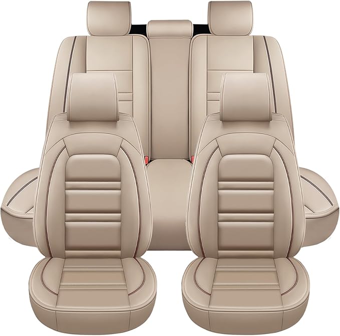 Seat Covers for Chevy Silverado 2500 2007-2025 | 5-Seats Leather Seat Covers, Easy to Install Automotive Seat Covers Full Set (Full Set, Beige)